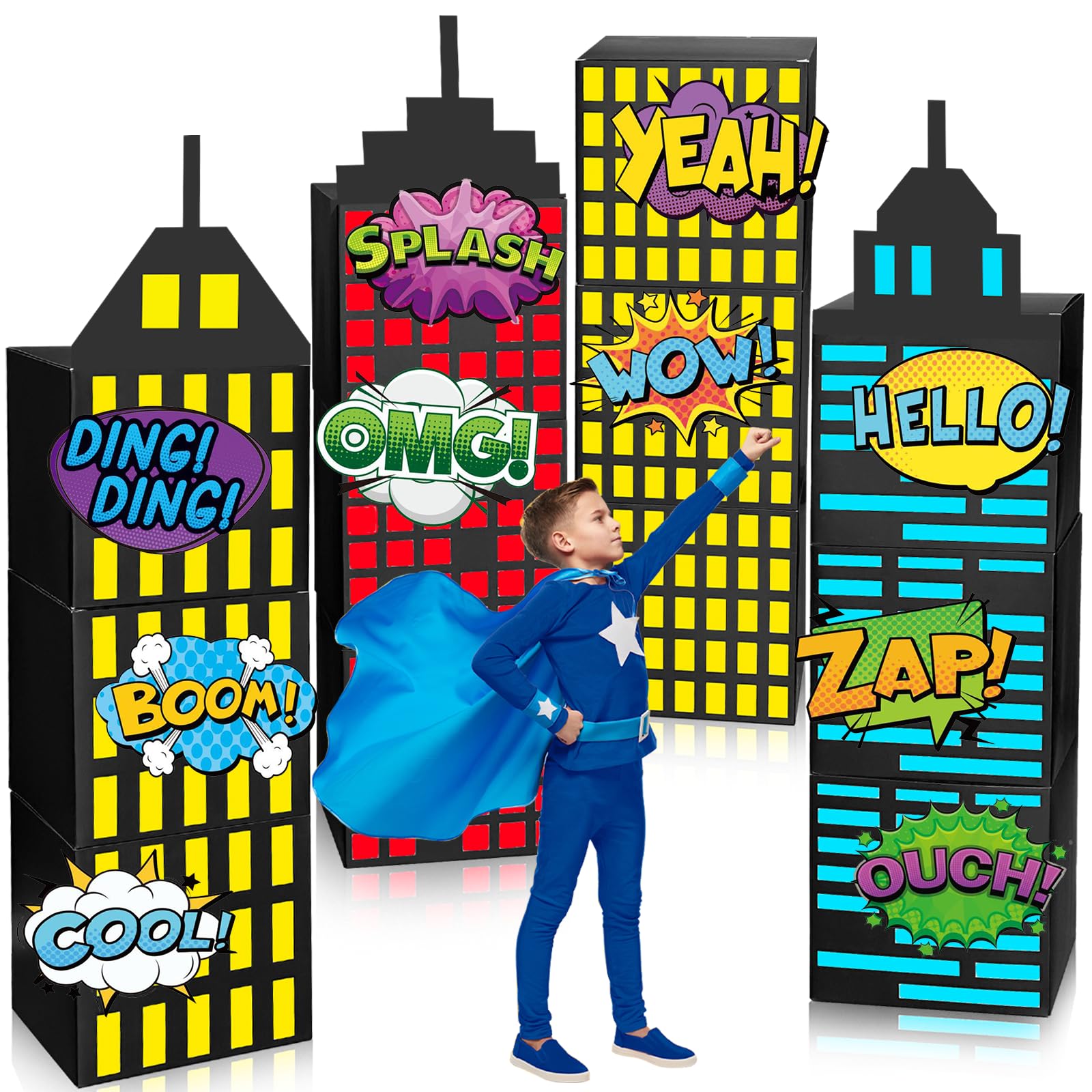 25 Pcs Large Super Theme Hero Birthday Decorations Hero Backdrop Boxes Skyscraper Decor Boxes Spider Bat Heroes Birthday Party Favor for Halloween Christmas Party (Hero 25 Pcs)
