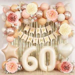 Beige Happy 60th Birthday Party Decoration Women Cream Number 60 Balloon