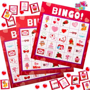JOYIN Valentines Day Bingo Game Cards (5x5) – 28 Players for Kids Party Gift, School Classroom Love Supplies, Family Entertainment Activities