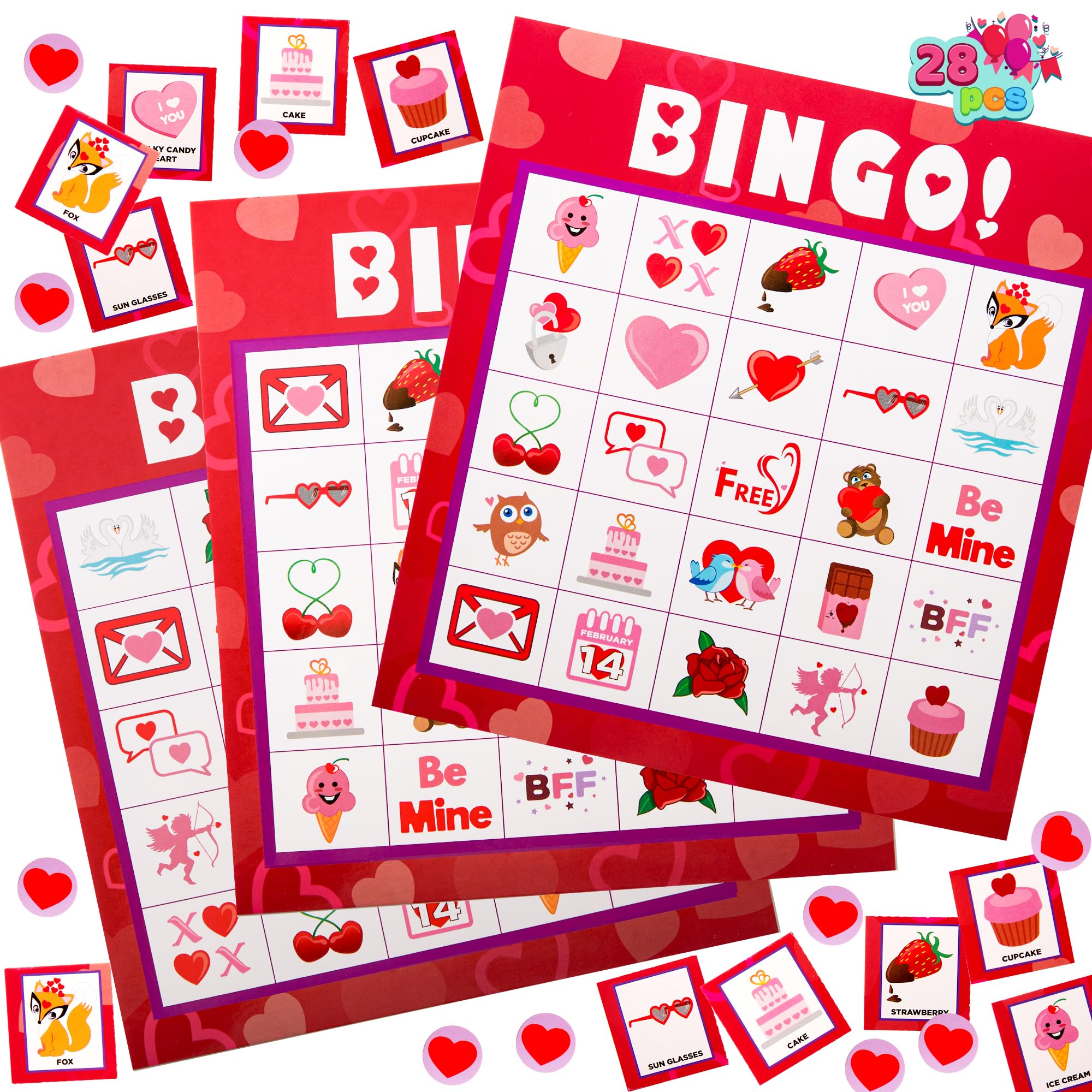 JOYIN Valentines Day Bingo Game Cards (5x5) – 28 Players for Kids Party Gift, School Classroom Love Supplies, Family Entertainment Activities