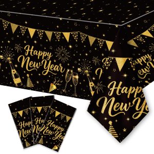 Temicle 3-Piece 54 x 108 Inch Happy New Year Plastic Tablecloth Disposable Black Gold Rectangle Table Covers for New Year's Eve Party Decorations, Countdown Celebration Supplies