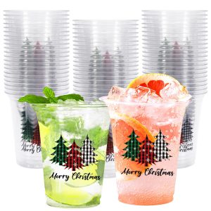 Whaline 50Pcs 12oz Christmas Disposable Cups Black Green Red Plaid Plastic Party Cups Christmas Tree Clear Plastic Glasses for Xmas Holiday Coffee Juice Hot Cold Drinks Party Supplies