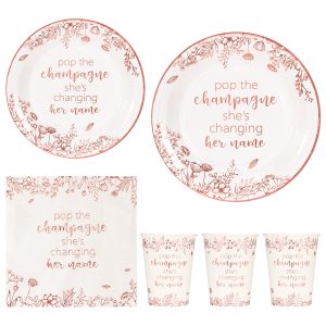 Crisky Rose Gold Bachelorette Napkins Plates Cups Set for Bridal Shower Wedding Engagement Party Decorations Supplies, Disposable Tableware Set of 24 (Pop, She is Change Her Name)