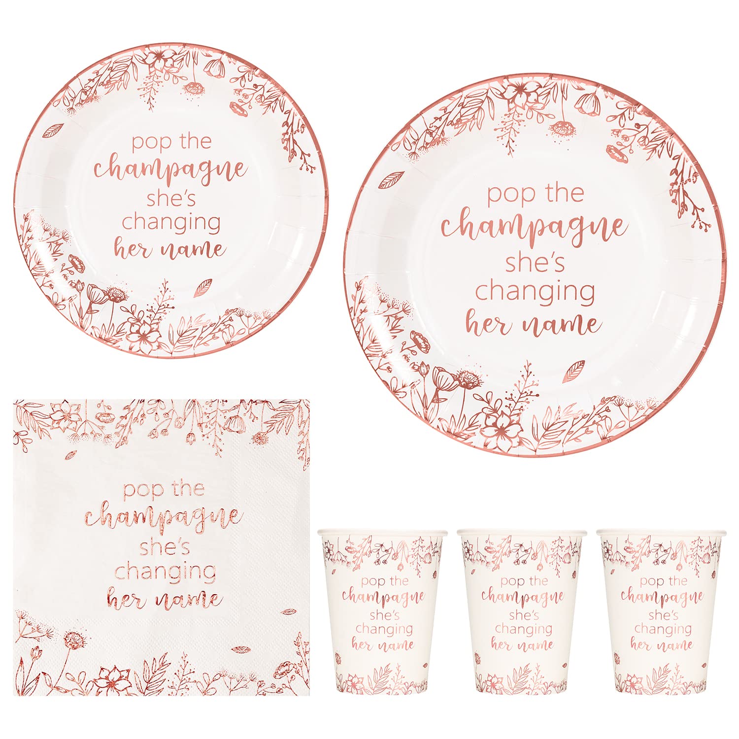 Crisky Rose Gold Bachelorette Napkins Plates Cups Set for Bridal Shower Wedding Engagement Party Decorations Supplies, Disposable Tableware Set of 24 (Pop, She is Change Her Name)