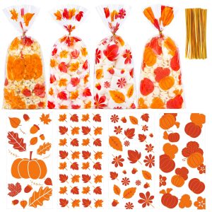 50 Pcs Thanksgiving Fall Treat Bags with Twist Ties - 5 x 11 Inch Autumn Maple Leaf & Pumpkin Cellophane Goodie Bags - Plastic Candy Gift Bag for Harvest Festival, Cookies, Halloween Party Favors
