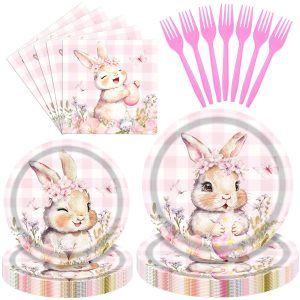100 Pieces Easter Bunny Party Tableware Set – Pink Plaid Floral Rabbit Plates, Napkins and Forks, Spring Disposable Dinnerware for Easter Party, Birthday and Baby Shower Supplies
