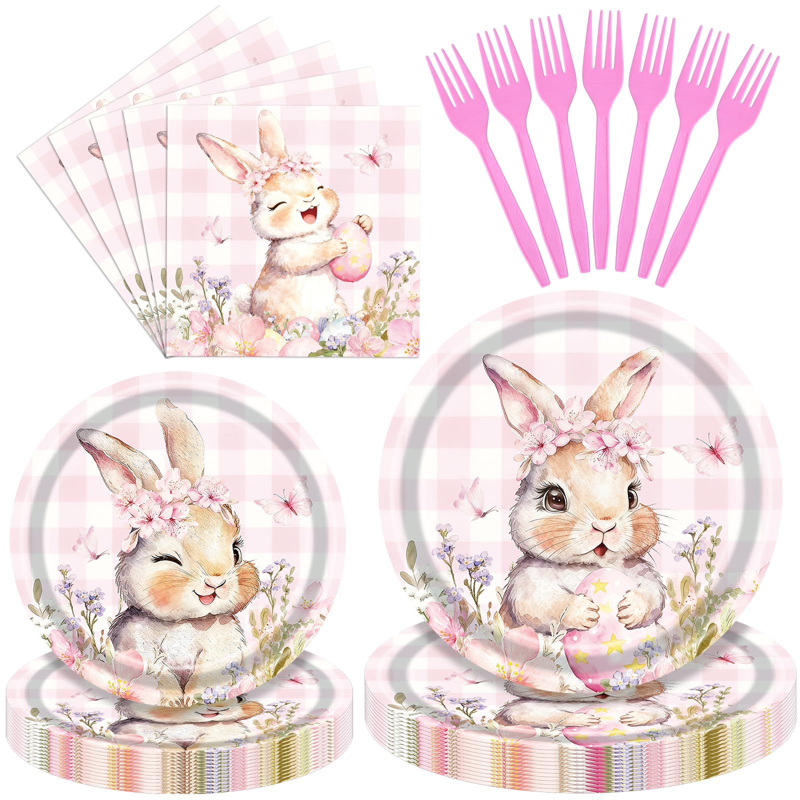 100 Pieces Easter Bunny Party Tableware Set – Pink Plaid Floral Rabbit Plates, Napkins and Forks, Spring Disposable Dinnerware for Easter Party, Birthday and Baby Shower Supplies