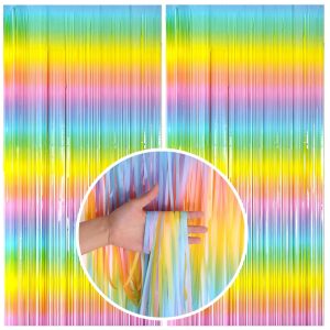 Pastel Rainbow Foil Fringe Curtain Streamers Party Backdrop Foil Fringe Backdrop Curtains Tinsel Streamers for Birthday Party Easter Decorations