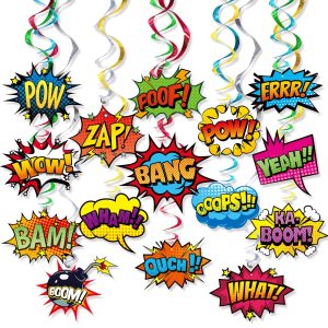 Superhero Hanging Swirls 30 Pack Hero Action Sign Foil Ceiling Hanging Swirls Streams Banner Decor Garland for Kids Superhero Baby Shower Celebrating Events Birthday Party Supplies Room Wall Decor