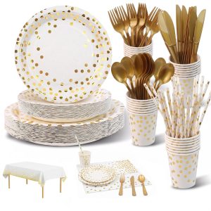 Party Supplies 201pcs White & Gold Plates and Napkins Sets - Disposable Dinnerware Sets for 25 Guests with Paper Plates Cups Straws Plastic Cutlery 1 Tablecloth - Bridal Shower Birthday Wedding