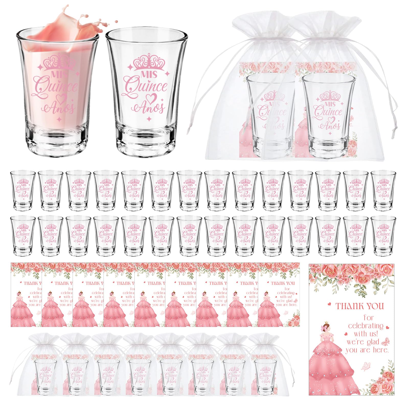 IANFEPH 50 Sets Quinceanera Party Favors for Guests Quinceanera Clear Acrylic Shot Glasses Thank You Cards Organza Bags Mis Quince Anos Sweet 15 Birthday Party Gift for Thanksgiving Christmas Supplies