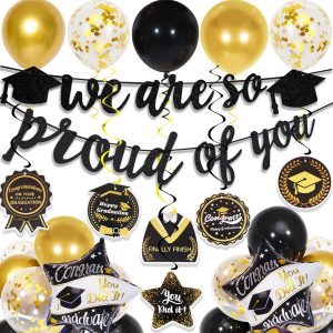 Graduation Decorations 2026, Class of 2026 Decorations with We Are So Proud of You Banner and Graduation Balloons, Congrats Hanging Swirls