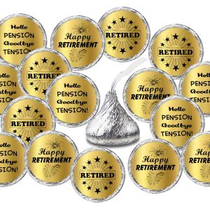 Gold Foil Retirement Kisses Stickers, (Set of 216) Chocolate Drops Labels Stickers for Happy Retirement Party, Party Favors Decor for Kisses. Made in USA