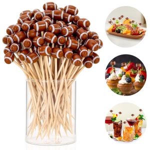 100 Pcs 3D Football Toothpicks, 4.72 Inch Football Cocktail Picks for Appetizers, Long Bamboo Toothpicks, Decorative Toothpicks Skewers for Holiday Birthday Party Decorations (Football 3D)