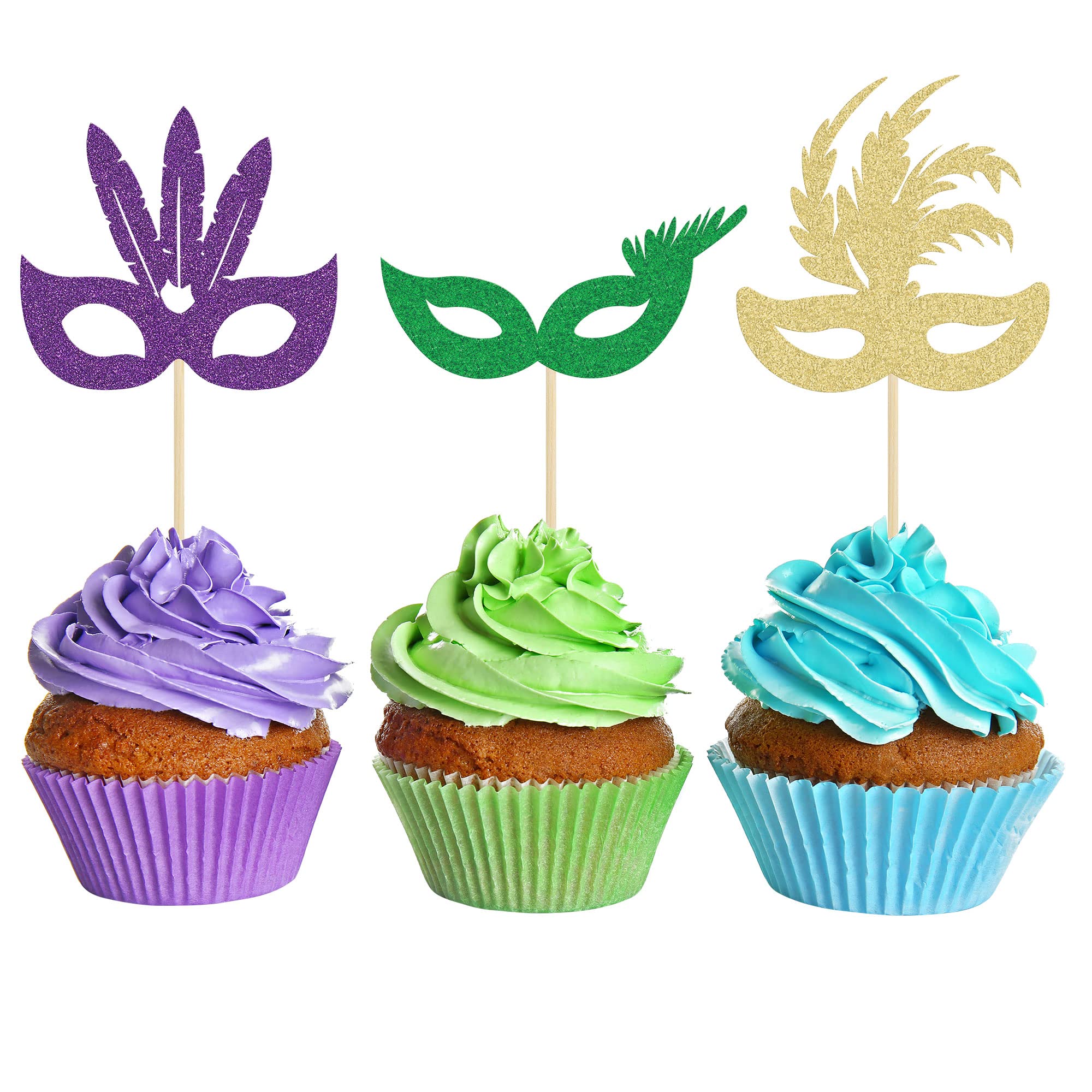 Gyufise 24 Pack Masquerade Masks Cupcake Toppers Multicolor Glitter Bachelorette Mask Cupcake Topper Mask Cake Picks Decorations for Masquerade Mardi Gras Party Baby Shower Birthday Party Supplies