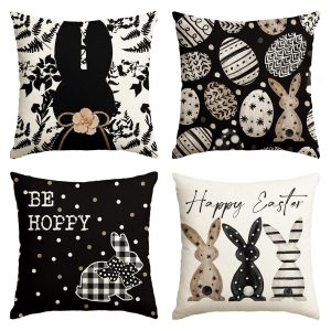 AVOIN colorlife Happy Easter Be Hoppy Rabbit Easter Eggs Black Throw Pillow Covers, 18 x 18 Inch Cushion Case Decoration for Sofa Couch Set of 4