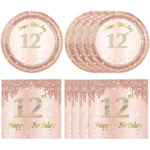 40Pcs 12th Birthday Decorations for Girls Rose Gold 12th Birthday Party Plates and Napkins Happy 12 Years Party Theme Tableware Disposable 7'' Paper Plates, Napkins for Her,Girls Teen Party Supplies