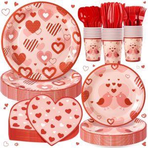 168PCS Red Love Heart Party Supplies for Valentines,Galentines Disposable Paper Plates Napkins Cups Cutlery for 24 Guest,Love Party Tableware for Anniversary Wedding Engagement Birthday Baby Shower