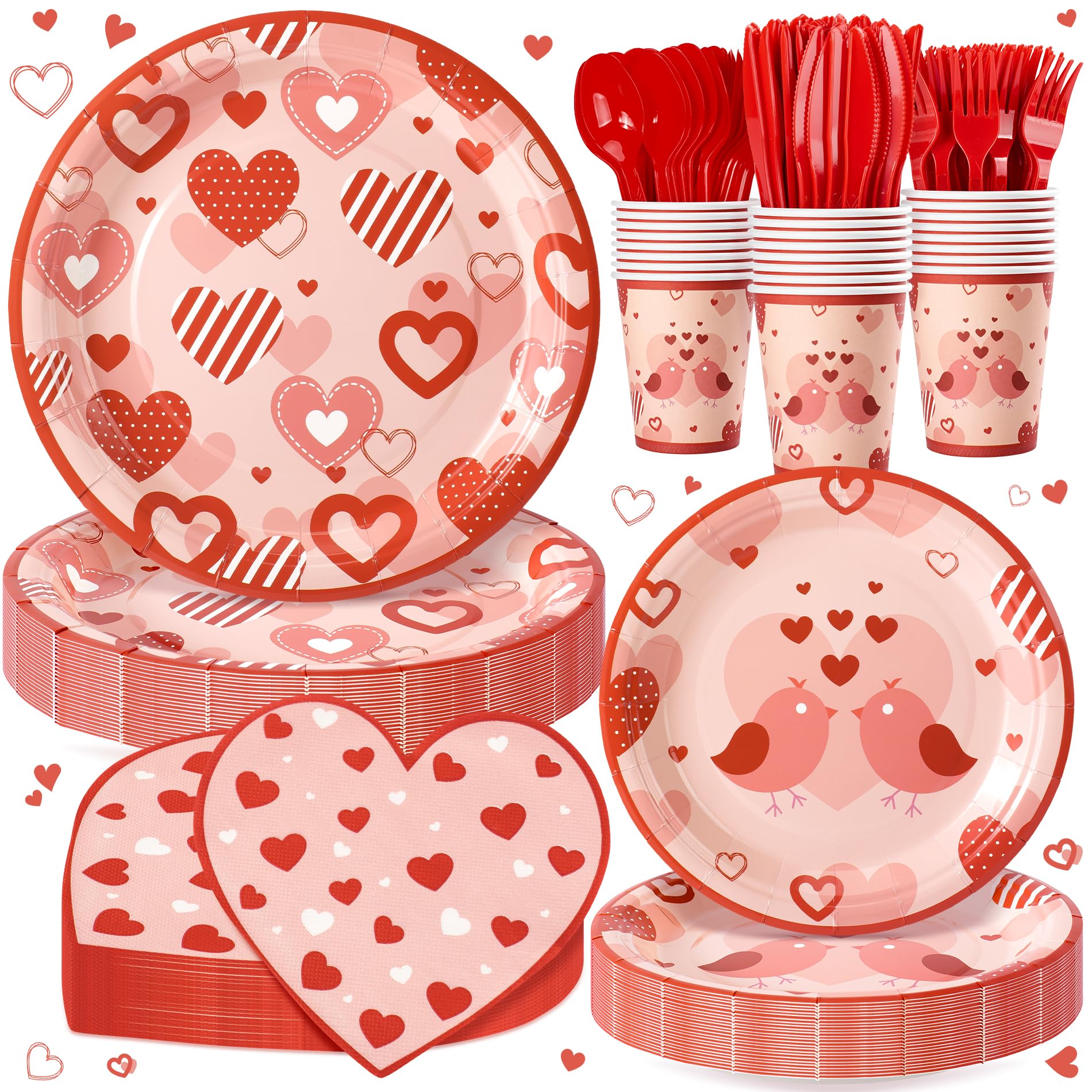 168PCS Red Love Heart Party Supplies for Valentines,Galentines Disposable Paper Plates Napkins Cups Cutlery for 24 Guest,Love Party Tableware for Anniversary Wedding Engagement Birthday Baby Shower