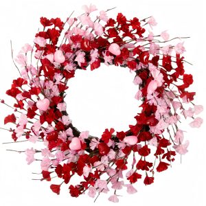 MAINGKAUNG 20 Inch Valentine's Day Wreath, Valentines Day Wreaths for Front Door, Valentine Day Wreath with Red Berries and Pink Love Heart Forsythia Flowers, Great for Wedding and Holiday Decorations