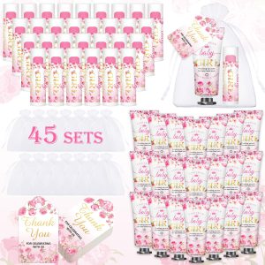 VISCOO 45 Sets Baby Shower Hand Cream and Lip Balm Gifts, Baby Shower Party Favors for Guests, Hand Cream Set for Bridal Wedding Thank You Gifts with Card Organza Bag, Travel Size (Girl)