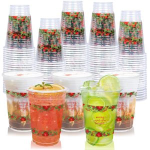 TEASIK 60 Pieces 16oz Christmas Poinsettia Cups,Holiday Party Drinkware Table Decorations Supplies,Plastic Disposable Cups for Merry Christmas Party Decorations