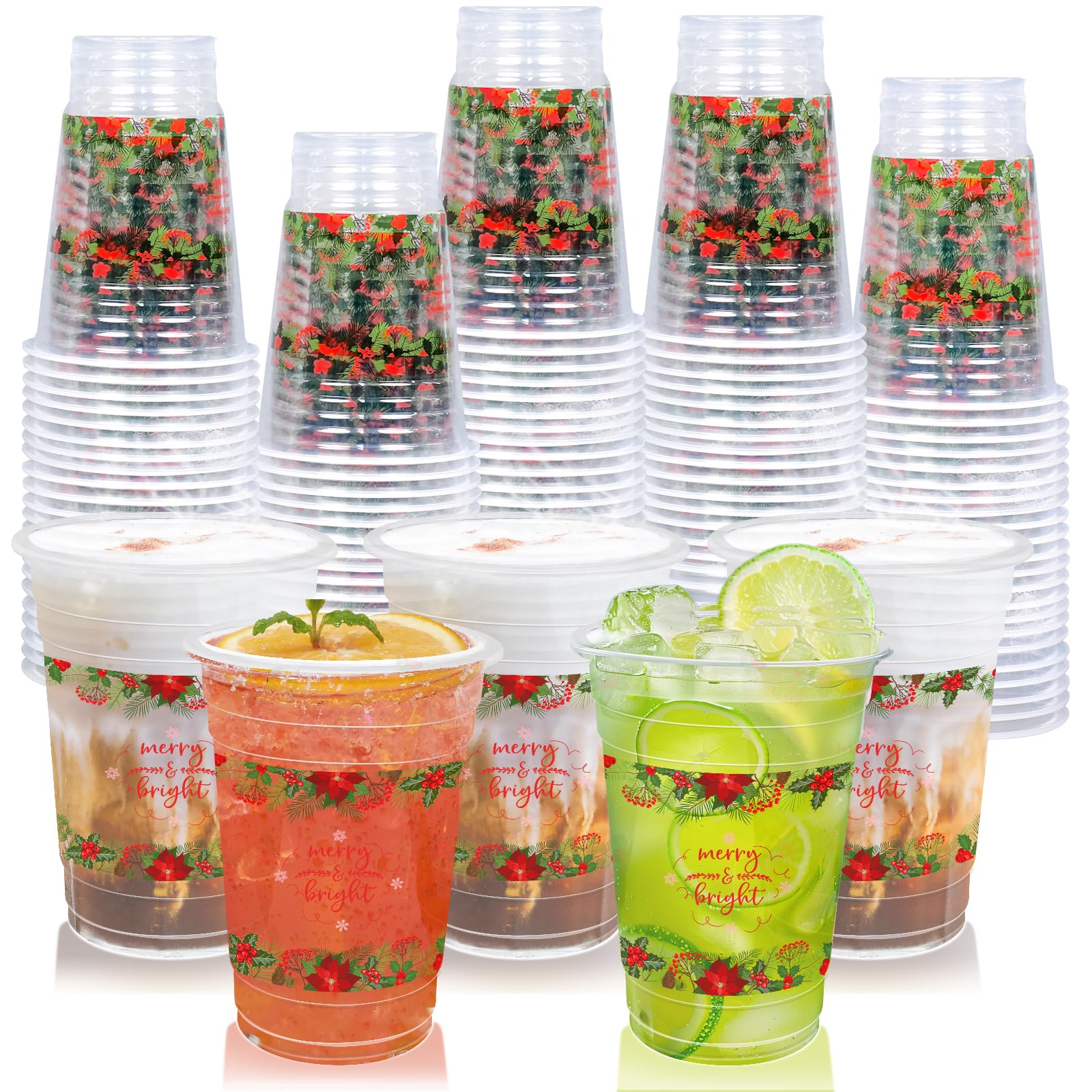 TEASIK 60 Pieces 16oz Christmas Poinsettia Cups,Holiday Party Drinkware Table Decorations Supplies,Plastic Disposable Cups for Merry Christmas Party Decorations
