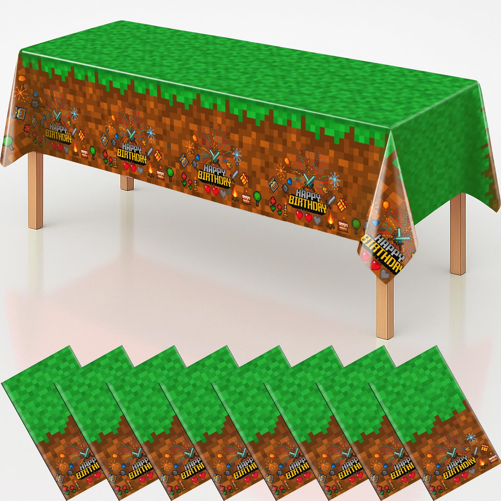byojia 8Pcs Pixel Miner Party Decorations Tablecloth, 54" x 108" Gamer Birthday Tablecloth Disposable Plastic Pixel Gaming Birthday Decorations Table Cover for Kids Gamer Party Supplies