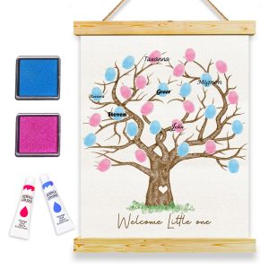 QZCYU Gender Reveal Fingerprint Tree Canvas Guest Books, Baby Shower Decorations, Gender Reveal Party Decorations Gifts Ideas, Baby Shower Party Supplies, Thumbprint Hanging Paintings(12x15in)