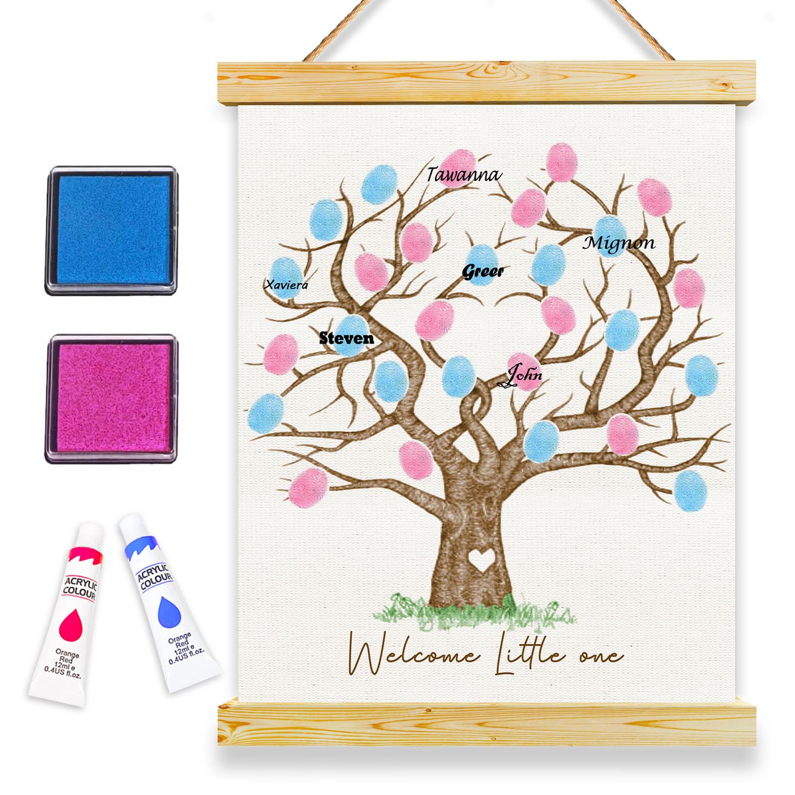 QZCYU Gender Reveal Fingerprint Tree Canvas Guest Books, Baby Shower Decorations, Gender Reveal Party Decorations Gifts Ideas, Baby Shower Party Supplies, Thumbprint Hanging Paintings(12x15in)