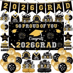 59Pcs Graduation Decorations 2026 Backdrop Balloons Banner Centerpiece Hanging Swirls Grad Class of 2026 Decorations for kindergarten K-12th College Any Grade Black Gold Themed
