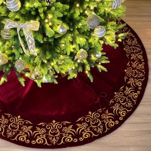 84-Inch Victorian Velvet Tree Skirt with Gold Damask Embroidery, Burgundy