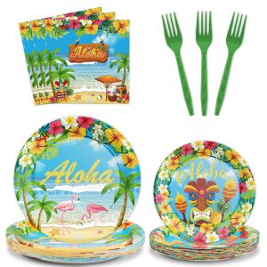 Tevxj 96PCS Hawaiian Aloha Tableware Set Luau Tropical Dinnerware Disposable Plates Beach Theme Party Plates Napkins Forks for Summer Pool Tropical Birthday Party Decorations Supplies 24 guests