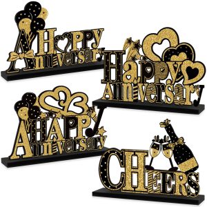 4 Pcs Happy Anniversary Decorations Table Centerpieces, Black Gold