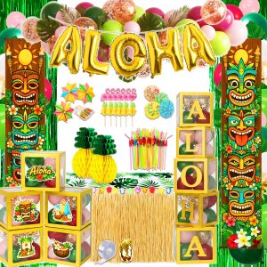 169 PCS Luau Party Decorations, Hawaiian Party Supplies - "ALOHA" Balloons, Hawaiian Boxes, Balloon Arch Garland Kit, Fringe Curtains, Palm Leaf, Table Cloth and Skirt