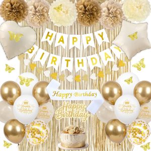 56PCS Champagne Gold Birthday Decorations for Women, White and Gold Birthday Decorations Include Banner Balloons 3D Butterfly Stickers Fringe Curtain Paper Pompoms, Happy Birthday Supplies for Girls