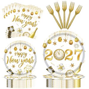 PhyLence 100 Pieces Happy New Year 2027 Party Tableware Set – White Gold Disposable 9 Inch and 7 Inch Plates, Napkins and Forks for New Year's Eve Countdown Celebration – Serves 25 Guests