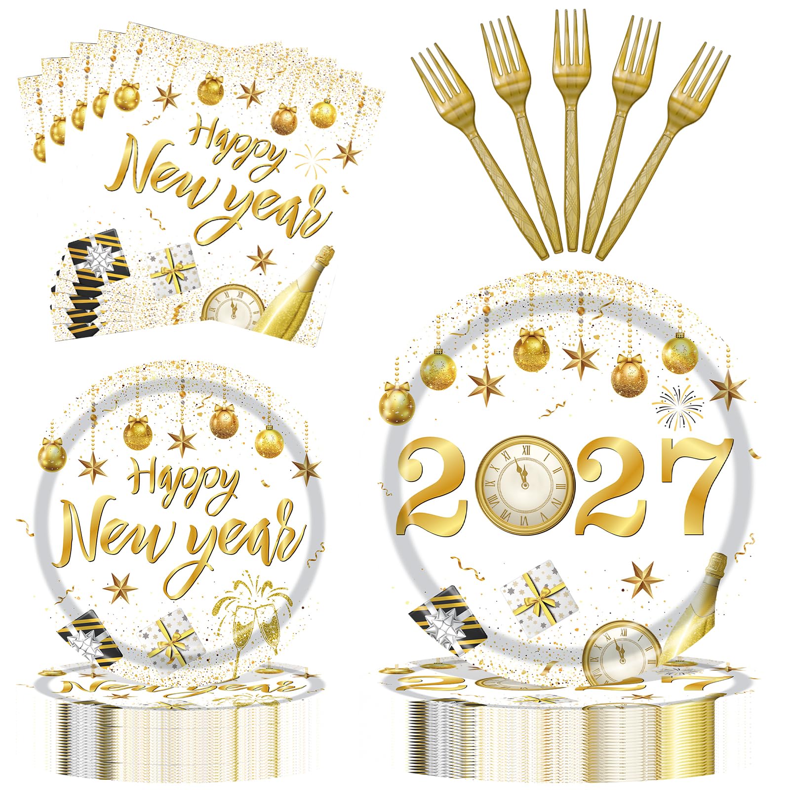 PhyLence 100 Pieces Happy New Year 2027 Party Tableware Set – White Gold Disposable 9 Inch and 7 Inch Plates, Napkins and Forks for New Year's Eve Countdown Celebration – Serves 25 Guests