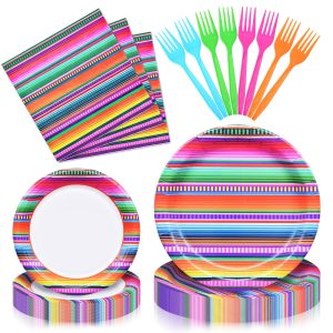 96 Pieces Mexican Fiesta Party Tableware Set - Colorful Serape Stripe Disposable Dinnerware with Paper Plates, Napkins, Plastic Forks - Cinco de Mayo, Taco Tuesday, Birthday, BBQ Party Supplies