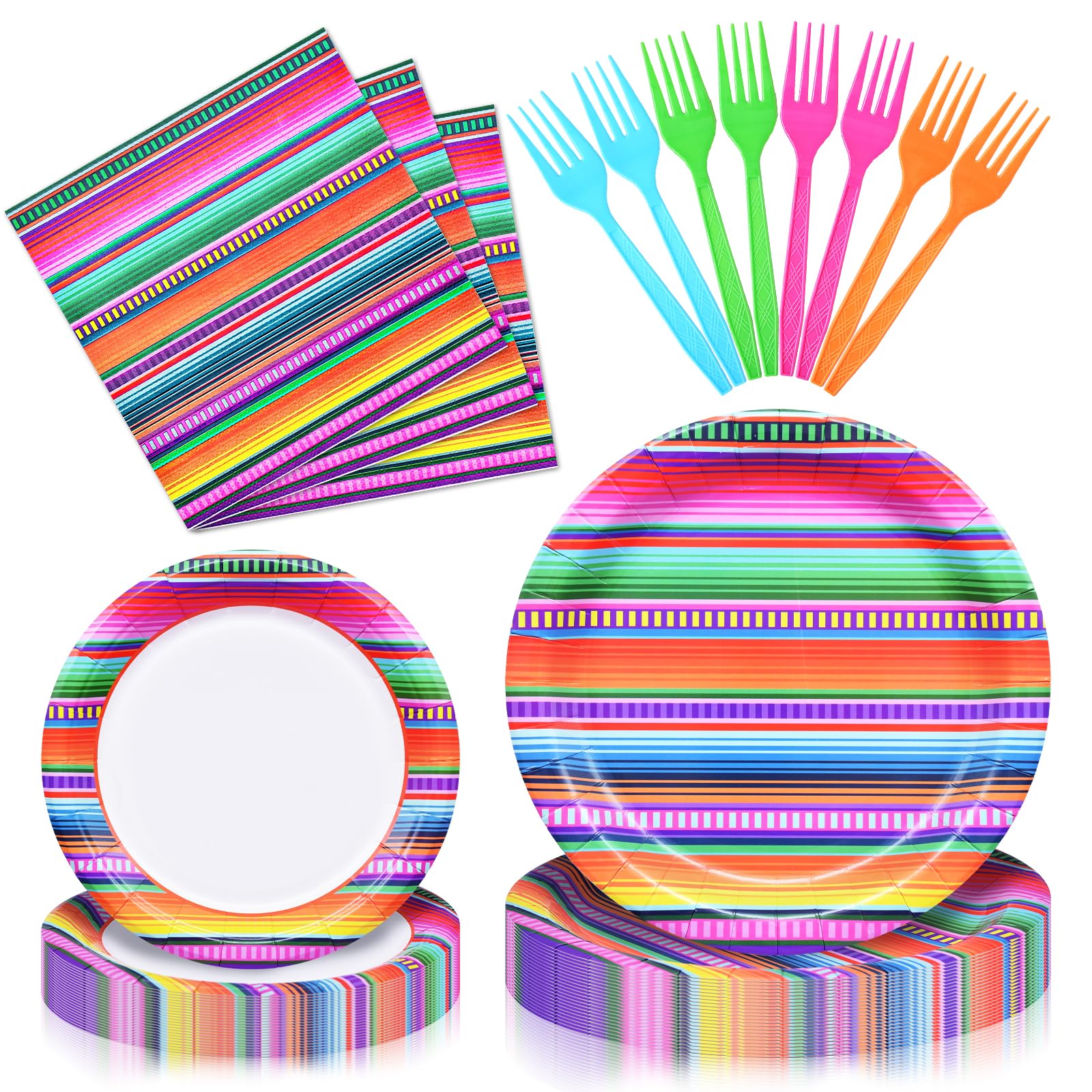 96 Pieces Mexican Fiesta Party Tableware Set - Colorful Serape Stripe Disposable Dinnerware with Paper Plates, Napkins, Plastic Forks - Cinco de Mayo, Taco Tuesday, Birthday, BBQ Party Supplies