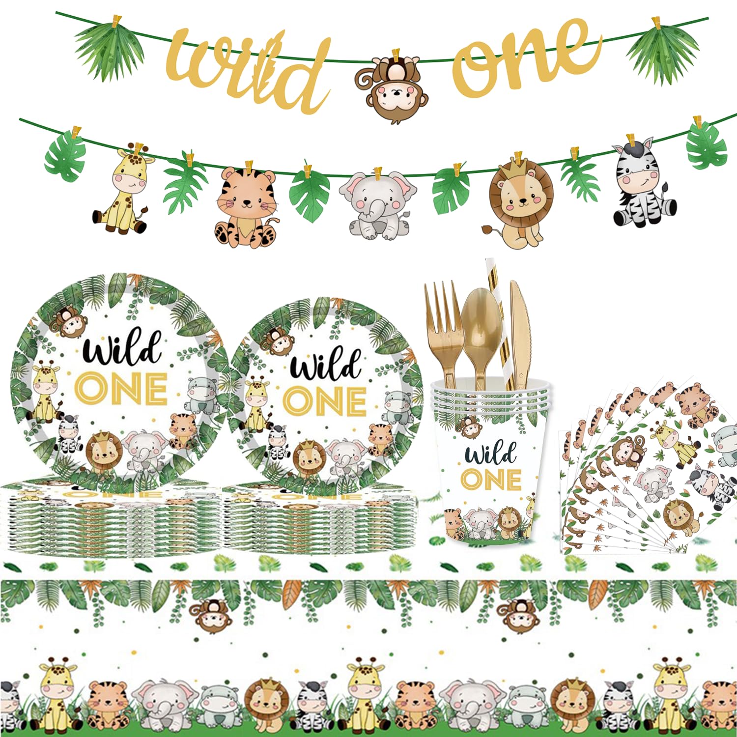 Wild One Birthday Decorations 202 Pcs for 25 Guests, Jungle Safari Theme Party Supplies with Animal Plates Napkins Cutlery Tablecloth Banner, Baby Shower or Boys 1st Birthday Party