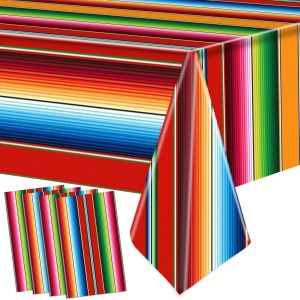 4 PCS Mexican Fiesta Plastic Tablecloth 108 x 54 Inch Mexican Striped Disposable Table Covers Waterproof Cinco De Mayo Rectangle Party Table Cloth for Fiesta Taco Mexico Themed Birthday Party Supplies