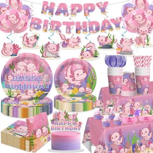363 Pcs Axolotl Birthday Decorations Pink Disposable Tableware Set Serve 50