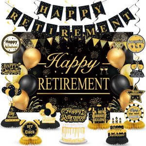 Retirement Party Decorations for Men Women Black Gold Happy Retirement Banner Backdrop Honeycomb Centerpiece Cake Topper Hanging Swirl Set