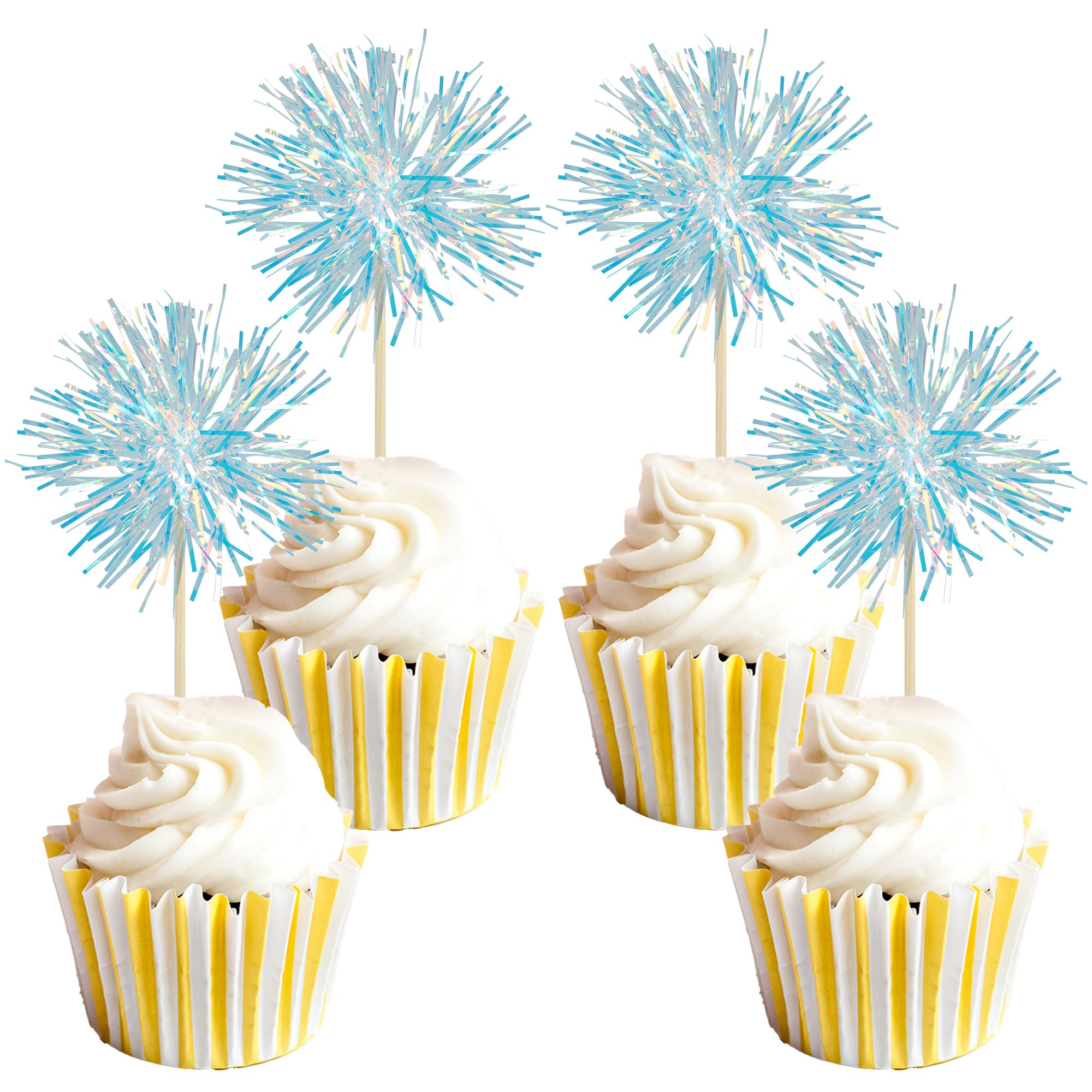 Gyufise 30Pcs Foil Firework Cupcake Toppers Sparkle Tinsel Cake Toppers Tinsel Drink Cake Decoration Cocktail Picks for Birthday Wedding Graduation Party Supplies Laser Blue