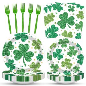 100 Pcs St. Patrick’s Day Shamrock Tableware Party Supplies Set, Serves 25 – Disposable Green Clover Paper Plates, Napkins, and Forks for Irish Celebration, Lucky Party, or Spring Festival Decorations