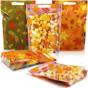 Resholder 60 Pcs Fall Thanksgiving Treat Bags Plastic Autumn Candy Bags Bulk Pumpkin Maple Leaves Goodie Handbags for Thanksgiving Autumn Harvest Birthday Party Favors Supplies