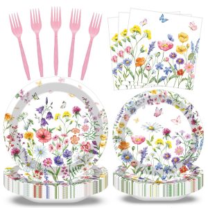 100 Pcs Spring Floral Party Supplies Set, Serves 25 – Disposable Flower Paper Plates, Napkins, and Forks, Garden Bloom Themed Tableware for Picnic, Tea Party, Birthday, and Mother’s Day Decorations