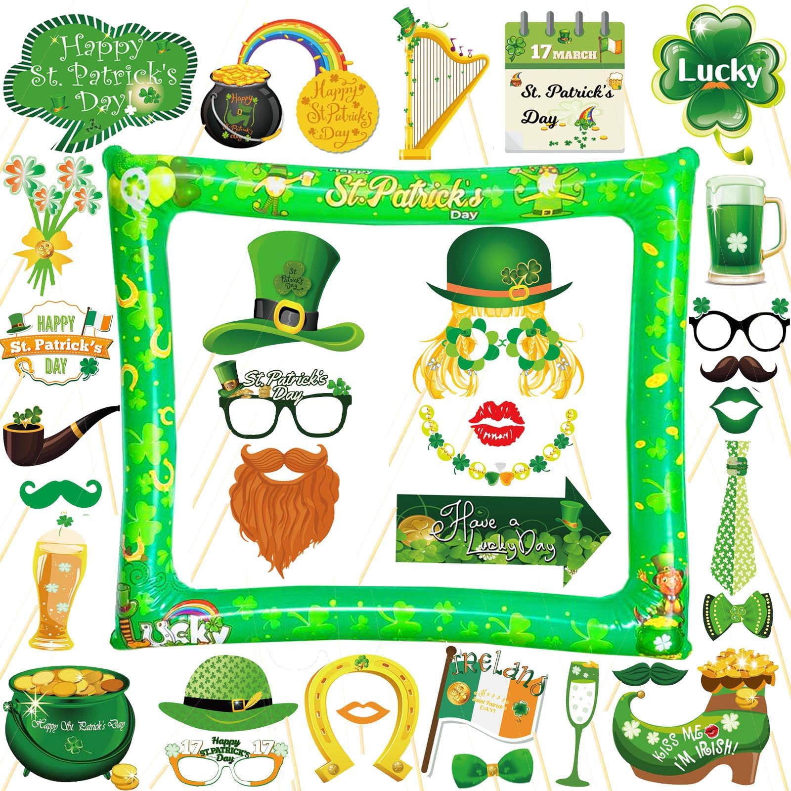 LMSHOWOWO St. Patrick's Day Inflatable Photo Booth Frame, with 35 PCS Funny Shamrock St Patricks Day Photo Booth Props, Irish Selfie Props for St Patricks Decorations Irish Day Party Supplies