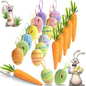 18PCS Easter Egg Ornaments and Carrot Hanging Ornaments Colorful Foam Hanging Egg Ornaments Foam Glitter Artificial Carrots Easter Tree Decorations Home Party DIY Crafts